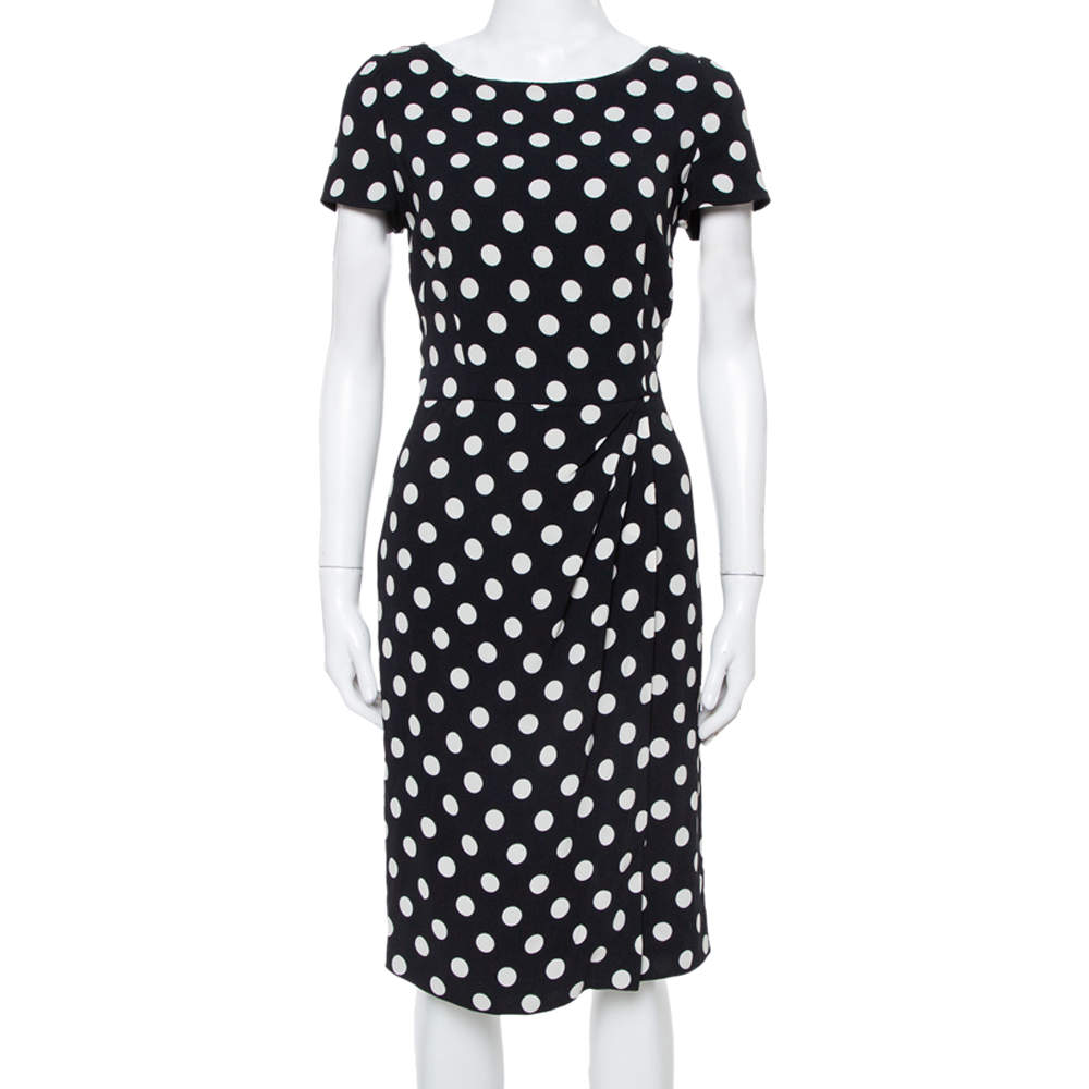 Pre Owned Prada Black & White Polka Dotted Crepe Pleat Detail Dress M