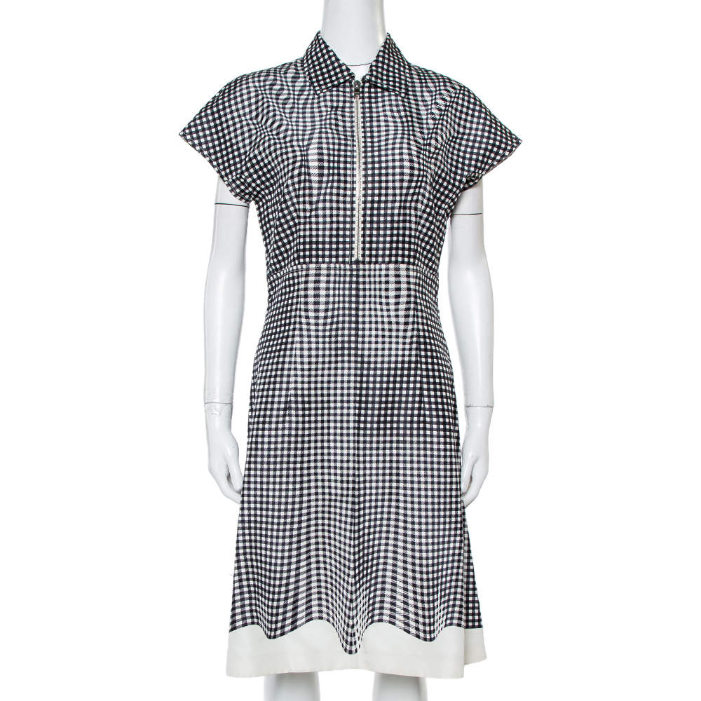 Prada Monochrome Check Print Silk A-Line Dress M