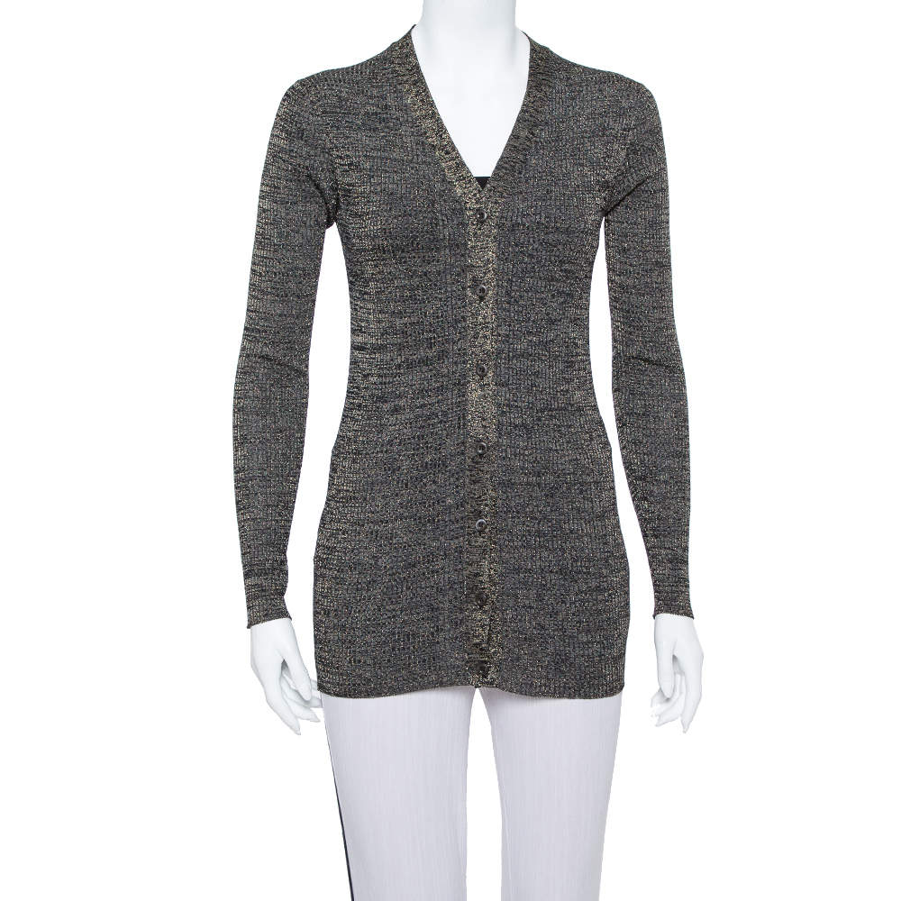 Prada Metallic Lurex Rib Knit Button Front Cardigan M