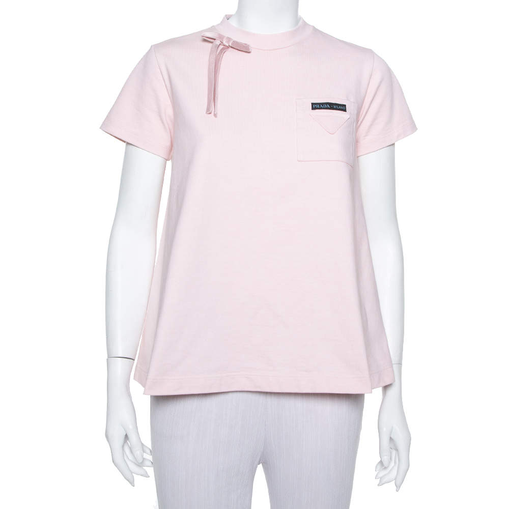 Pre Owned Prada Light Pink Cotton Bow Detail Crewneck T Shirt S