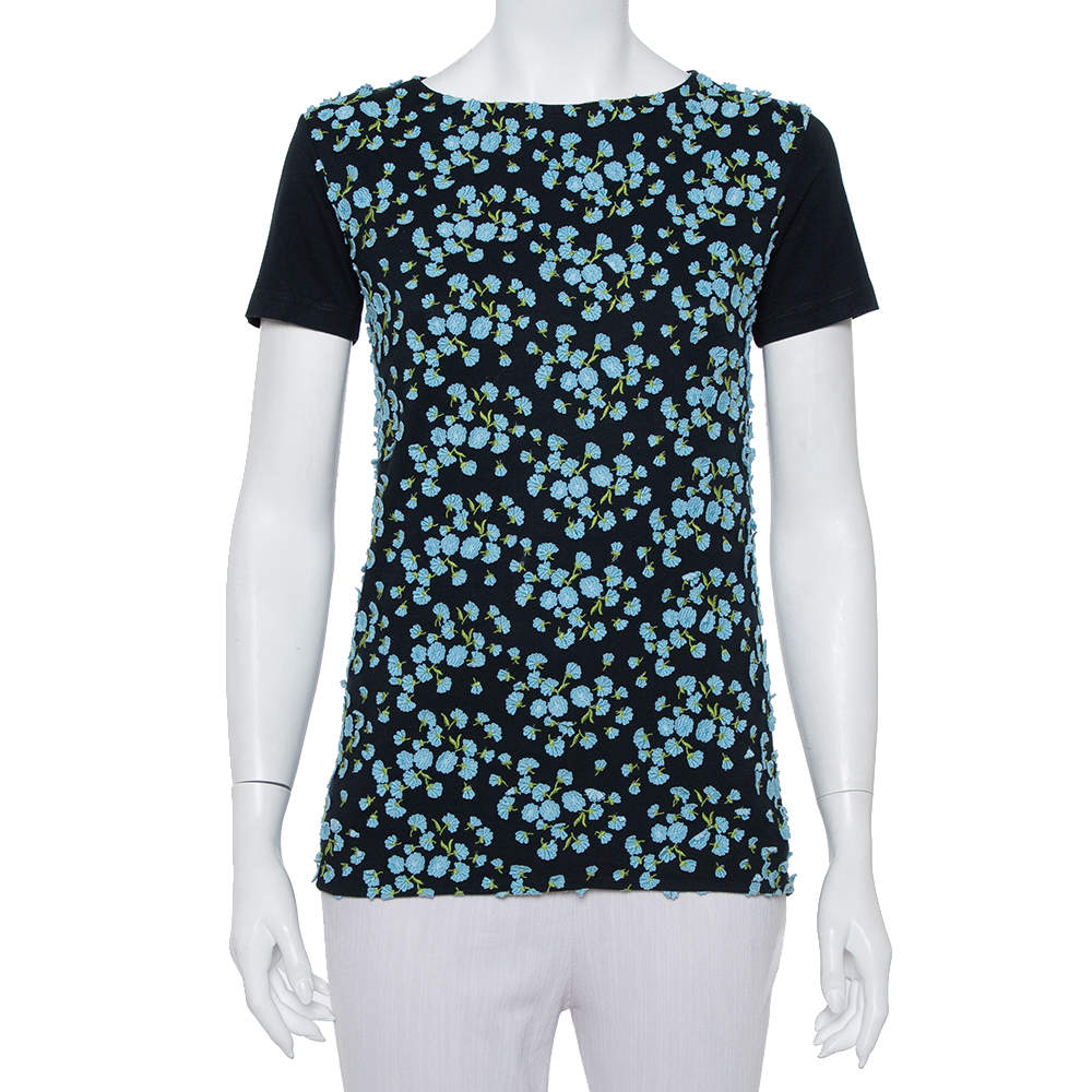 Pre Owned تي شيرت برادا تريكو أزرق كحلي أبليك مزين أكمام قصيرة مقاس صغير جدًا - إكس سمول