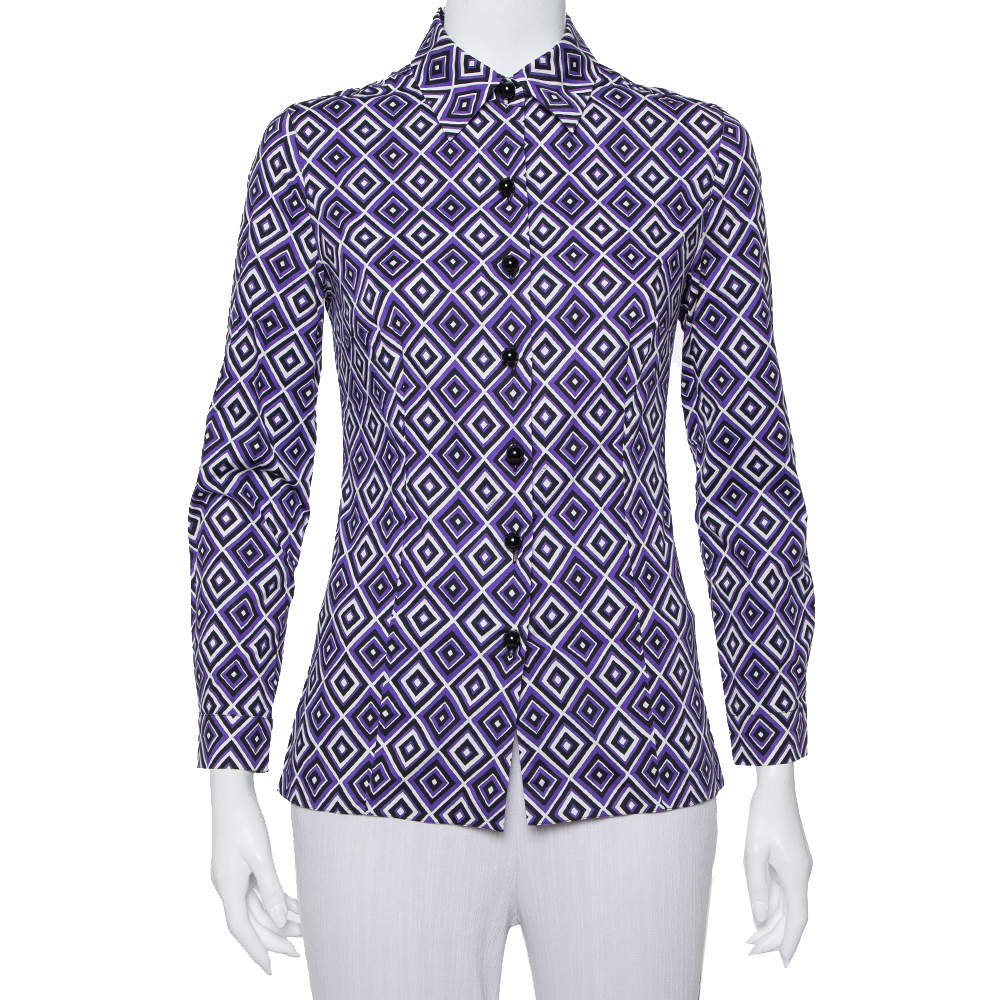 Prada Purple Printed Stretch Cotton Fitted Button Front Shirt S