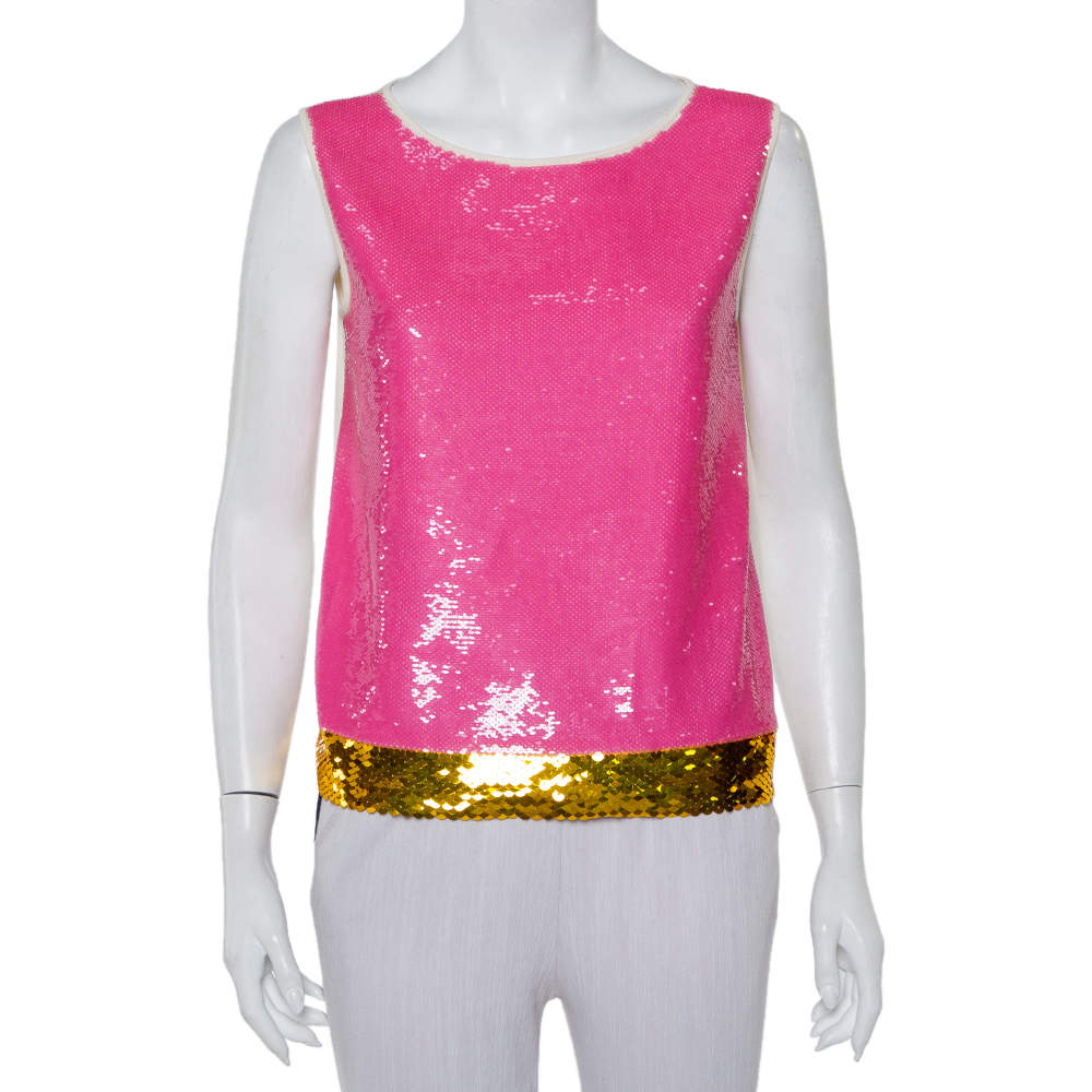 Pre Owned Prada Cream Knit Sequin Embellished Sleeveless Top M