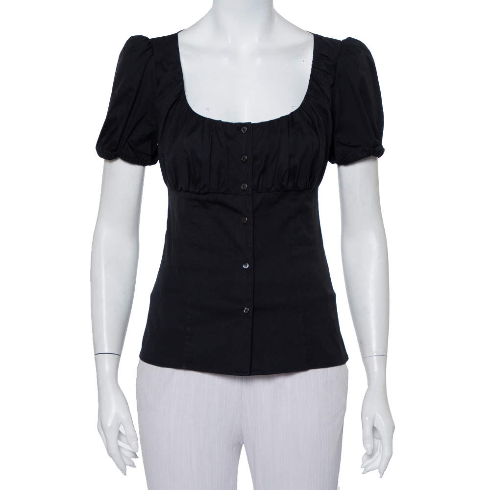 Prada Black Cotton Draped Scoop Neck Button Front Shirt S