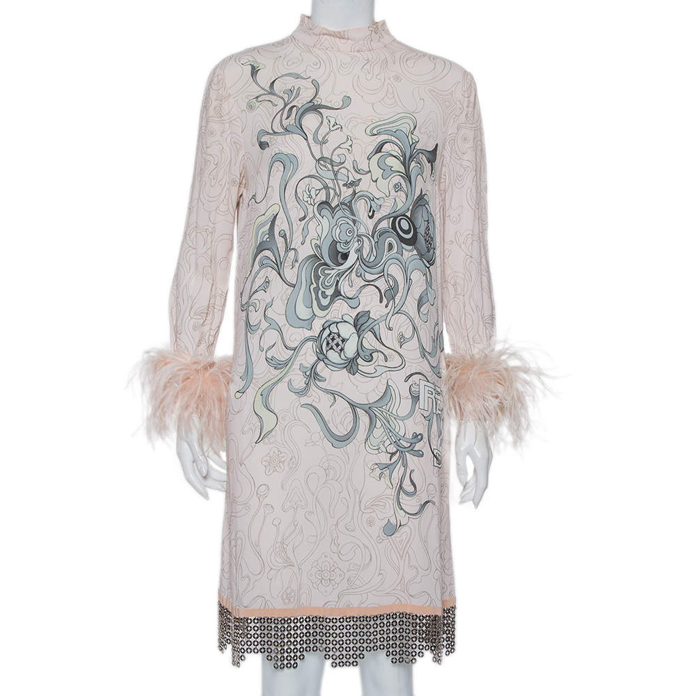 Prada Pink Printed Crepe Metal Hem & Feather Detail Sable Shift Dress M