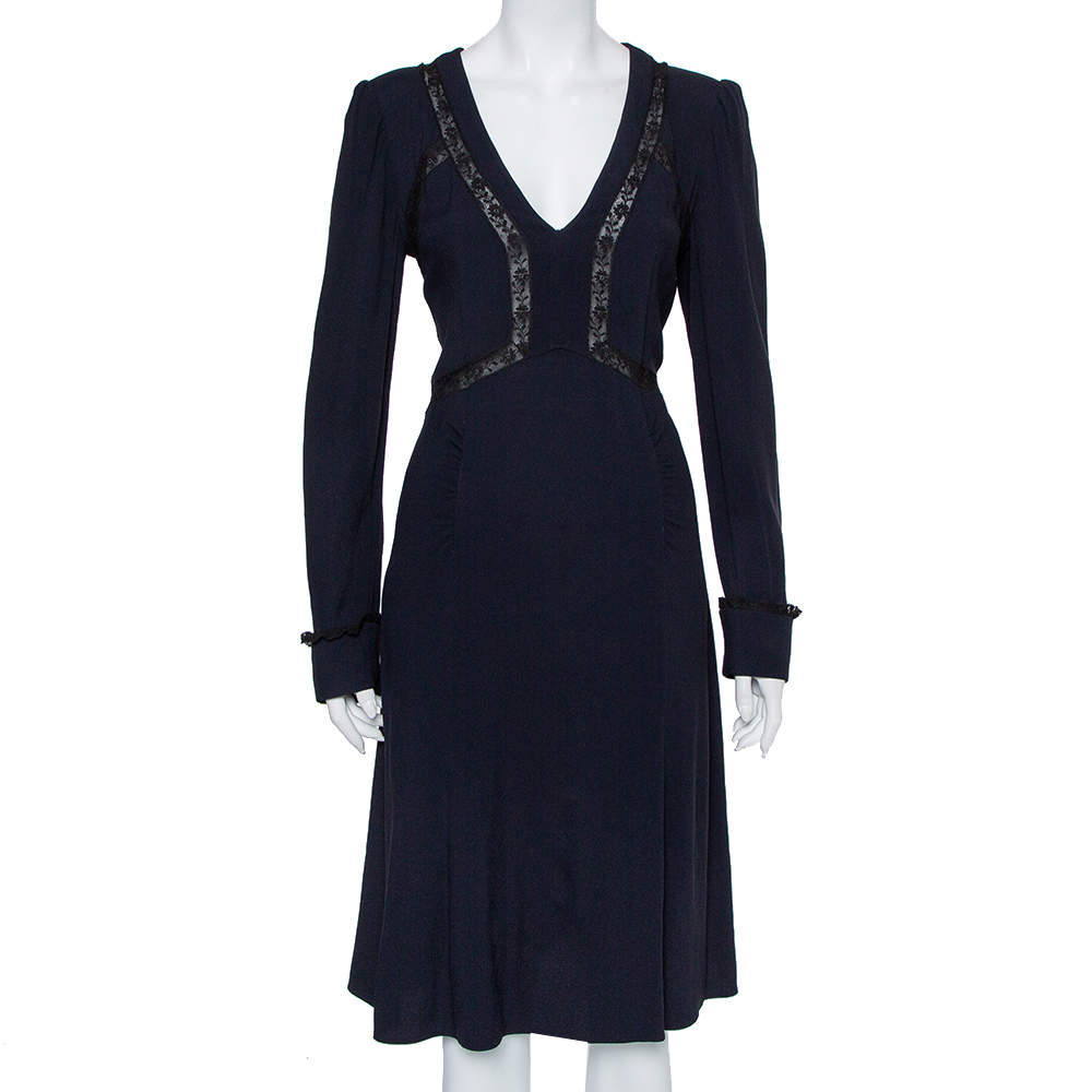 Prada Midnight Blue Crepe Lace Trim Midi Dress M