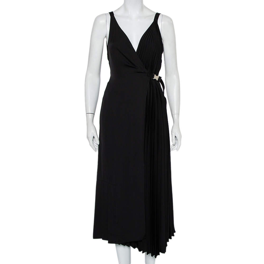 Prada Black Crepe Plisse Detail Sleeveless Belted Wrap Dress M