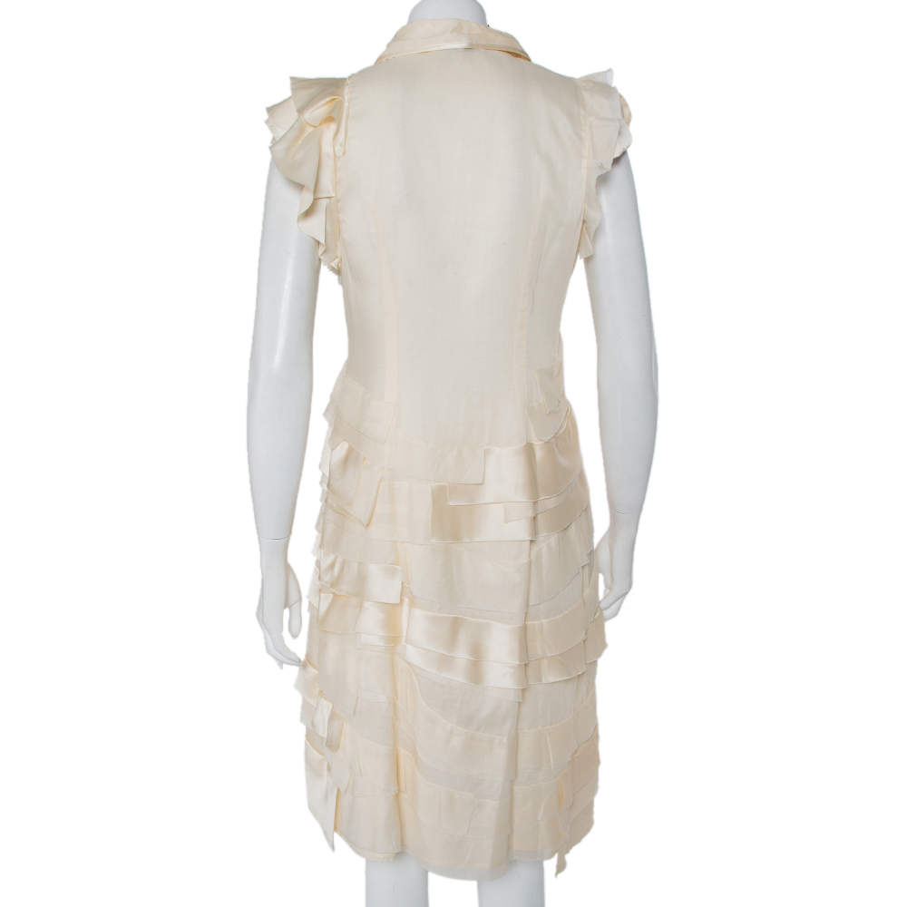 Prada Cream Silk Detachable Collar Detail Ruffled Shirt Dress M Prada