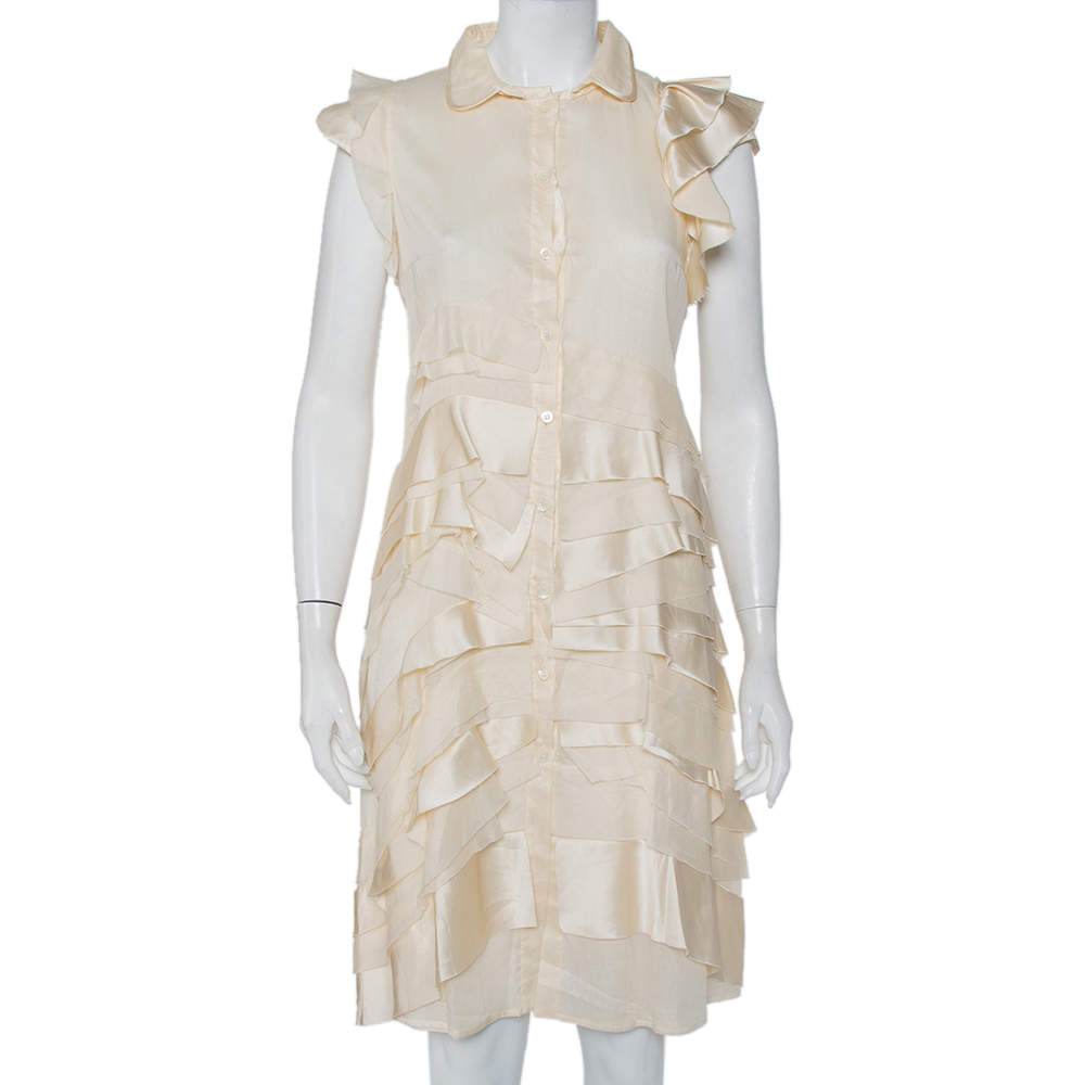 مملوكة مسبقًا Prada Cream Silk Detachable Collar Detail Ruffled Shirt Dress M
