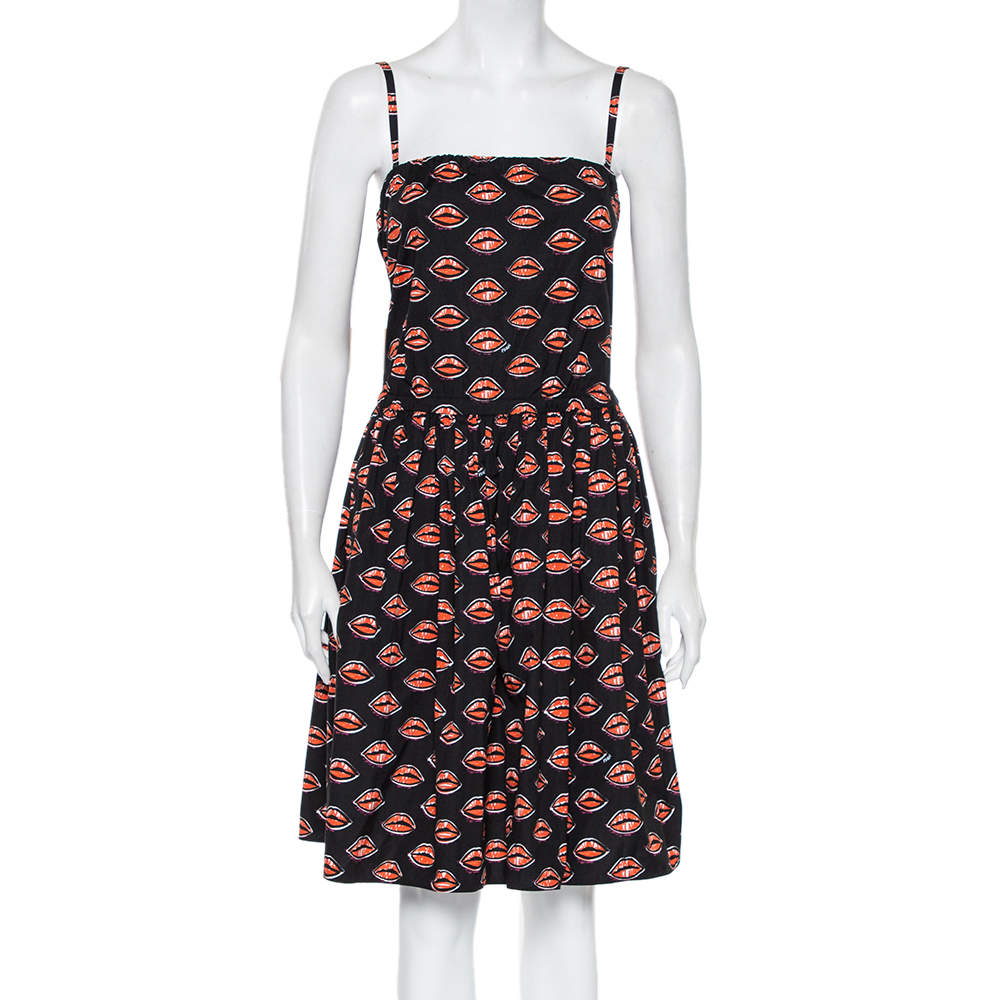 Pre Owned Prada Black Lips Printed Cotton Waist Tie Detail Sleeveless Mini Dress S