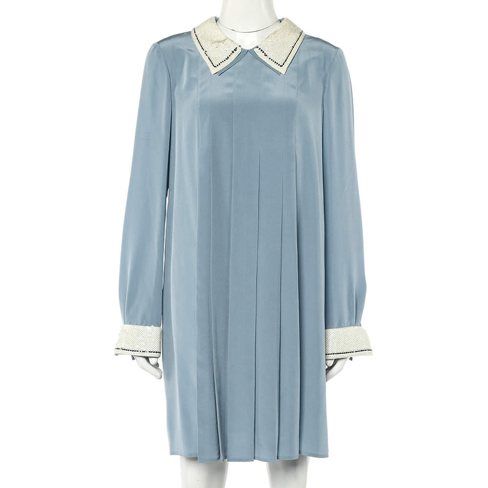 Pre Owned Prada Powder Blue Silk Sequin Embellished Trim Pleated Mini Dress M