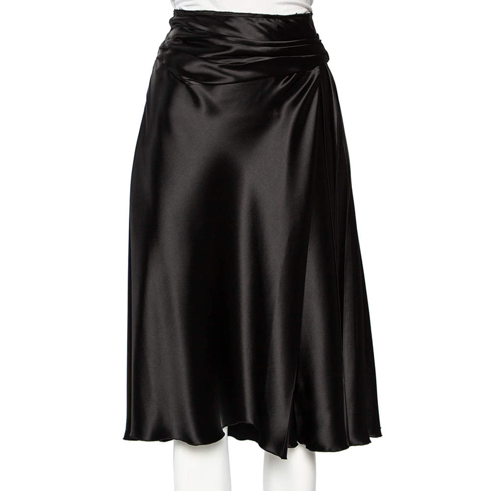 Prada Black Sateen Pleated Detail Knee Length Skirt M