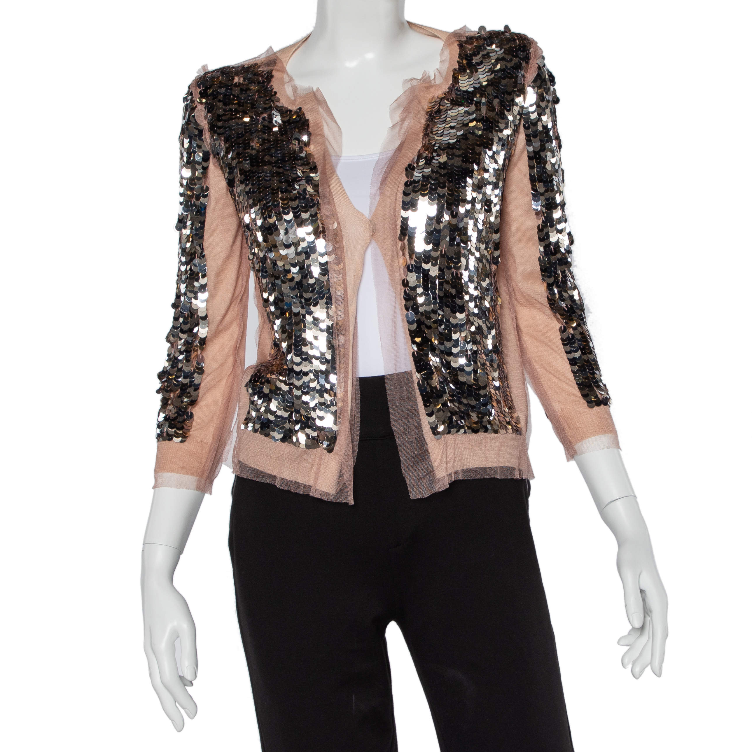 Pre Owned Prada Light Pink Cashmere & Silk Sequin Embellished Cardigan M
