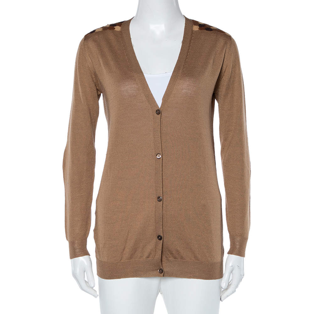 Prada Camel Brown Wool Contrast Detail Button Front Cardigan S