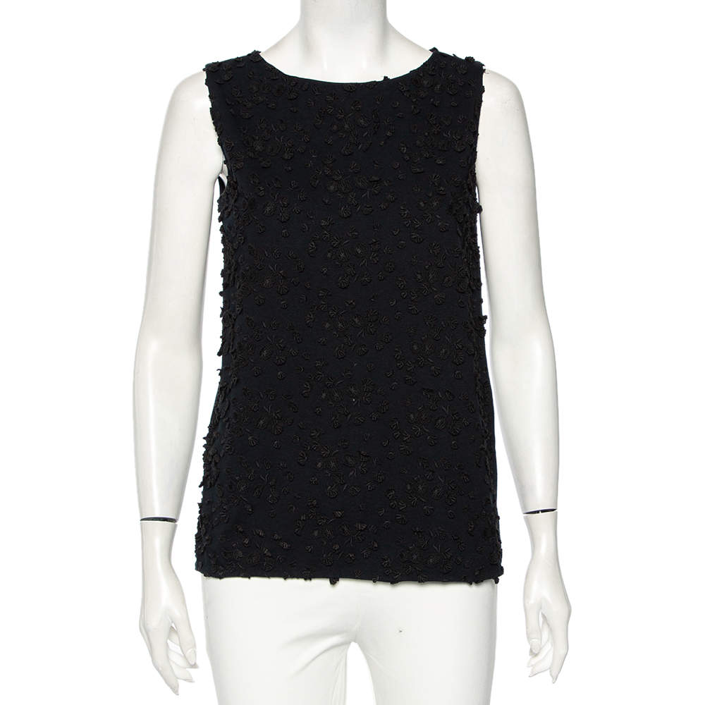 Prada Navy Blue Cotton Flower Applique Sleeveless Top L 