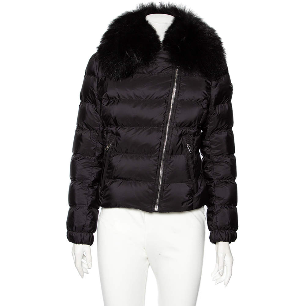  Prada Black Synthetic Quilted & Fur Collared Jacket M