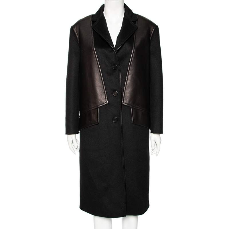 Prada Black Wool And Leather Paneled Button Front Long Coat S