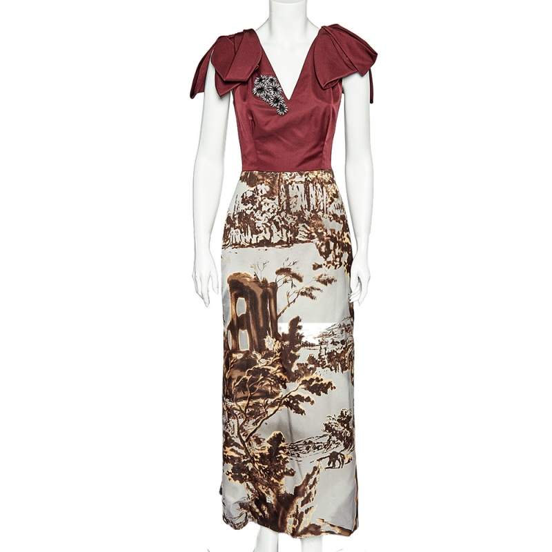 Prada Burgundy And Printed Silk Paneled Embellished Detail Draped Sleeve Gown S