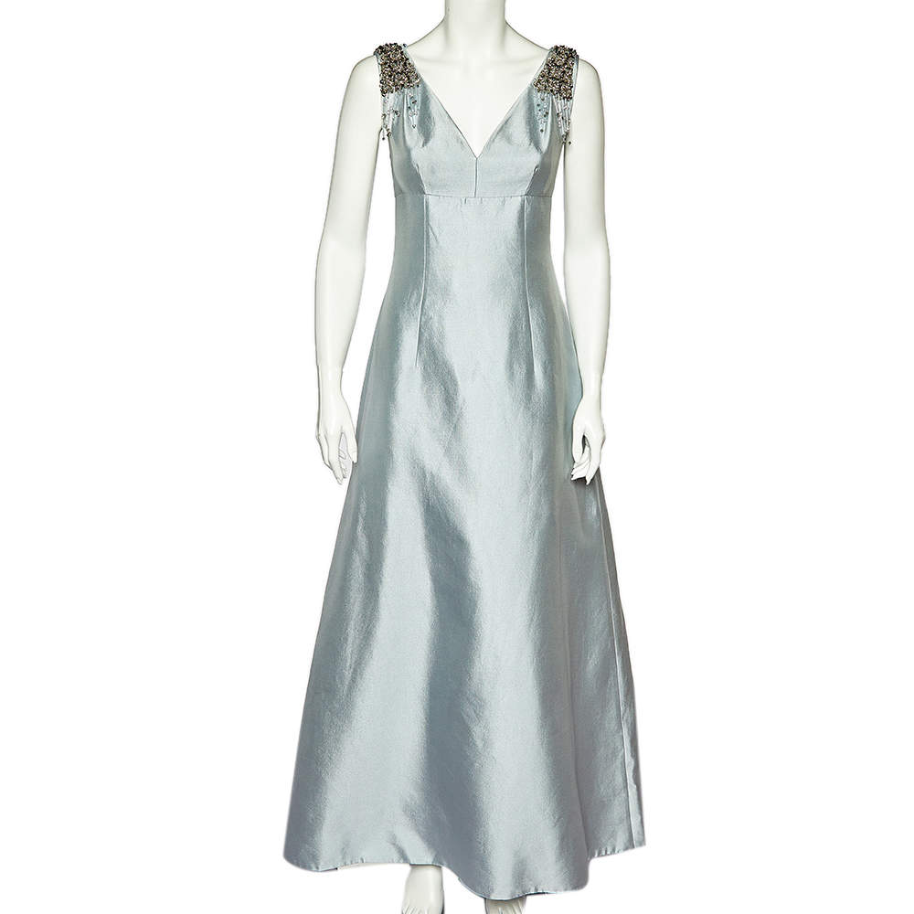 Prada Icy Blue Wool & Silk Embellished Detail Sleeveless Gown S