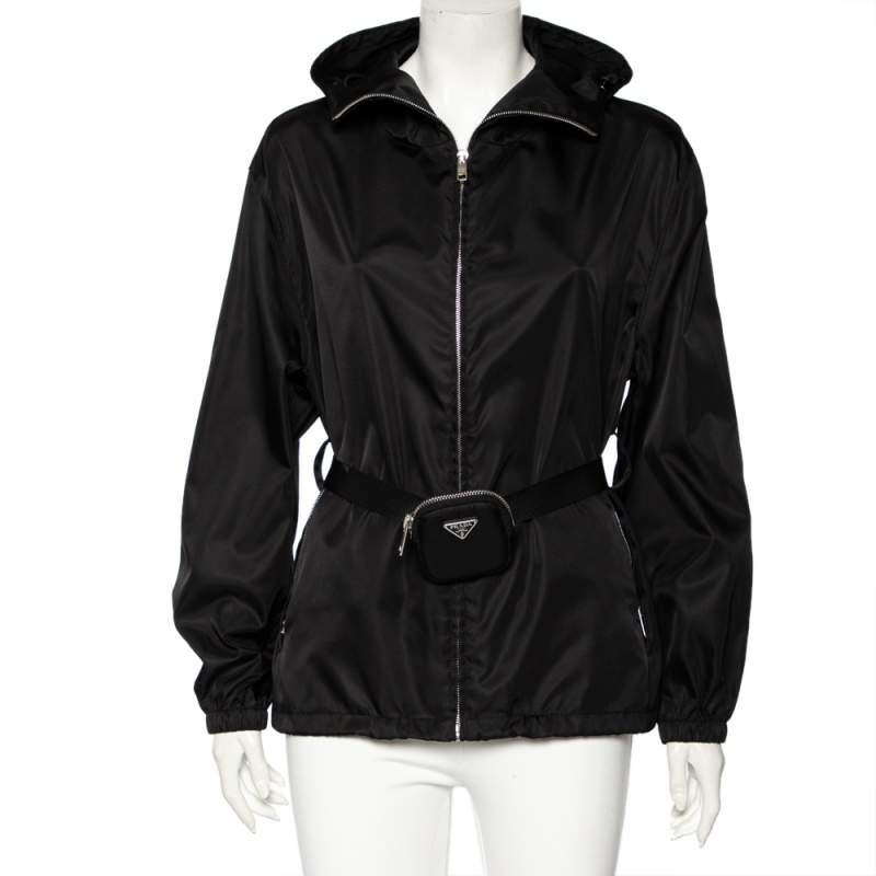 Prada Black Re-Nylon Hooded Zip Front Caban Jacket M