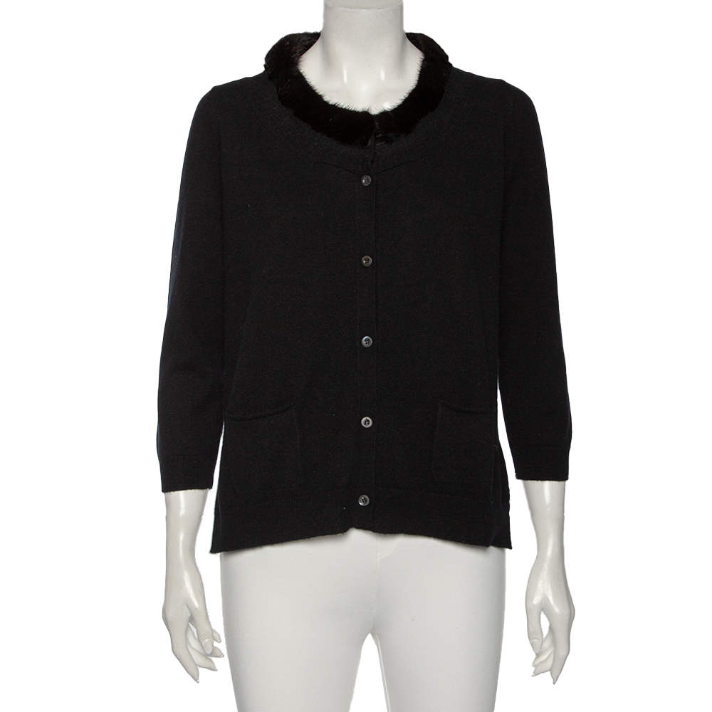 Prada Black Cashmere & Fur Trimmed Neck Detail Button Front Cardigan L