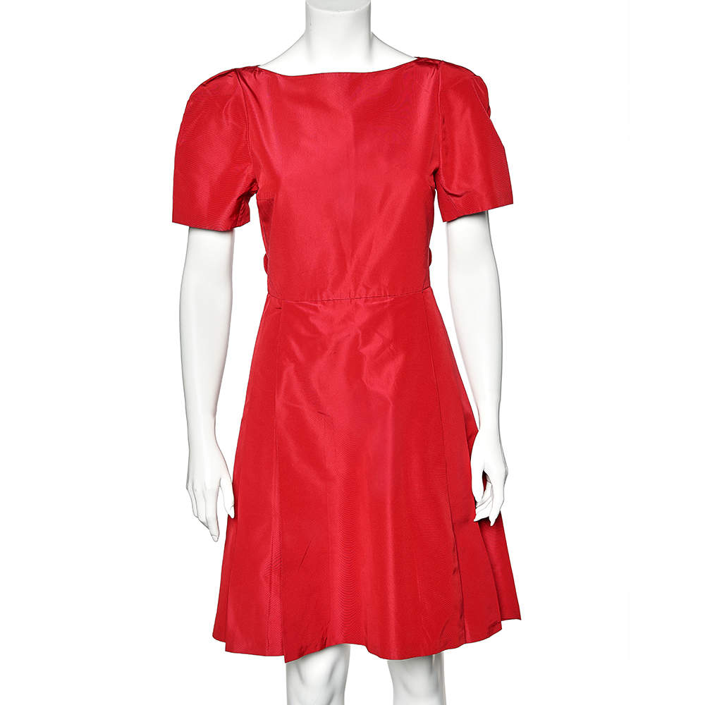 Pre Owned Prada Red Silk Taffeta Pleated Midi Dress S