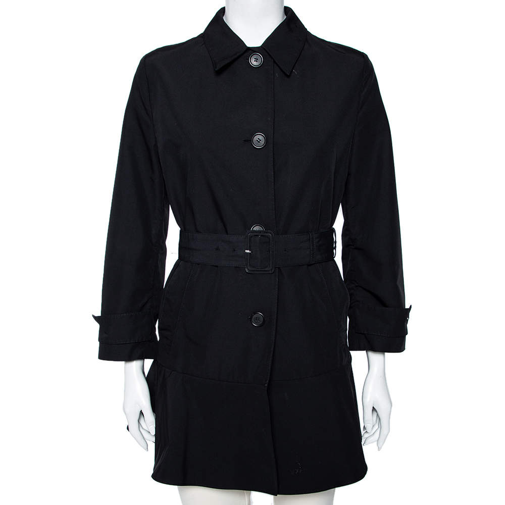 Prada Black Gabardine Flared Hem Detail Trench Coat XS