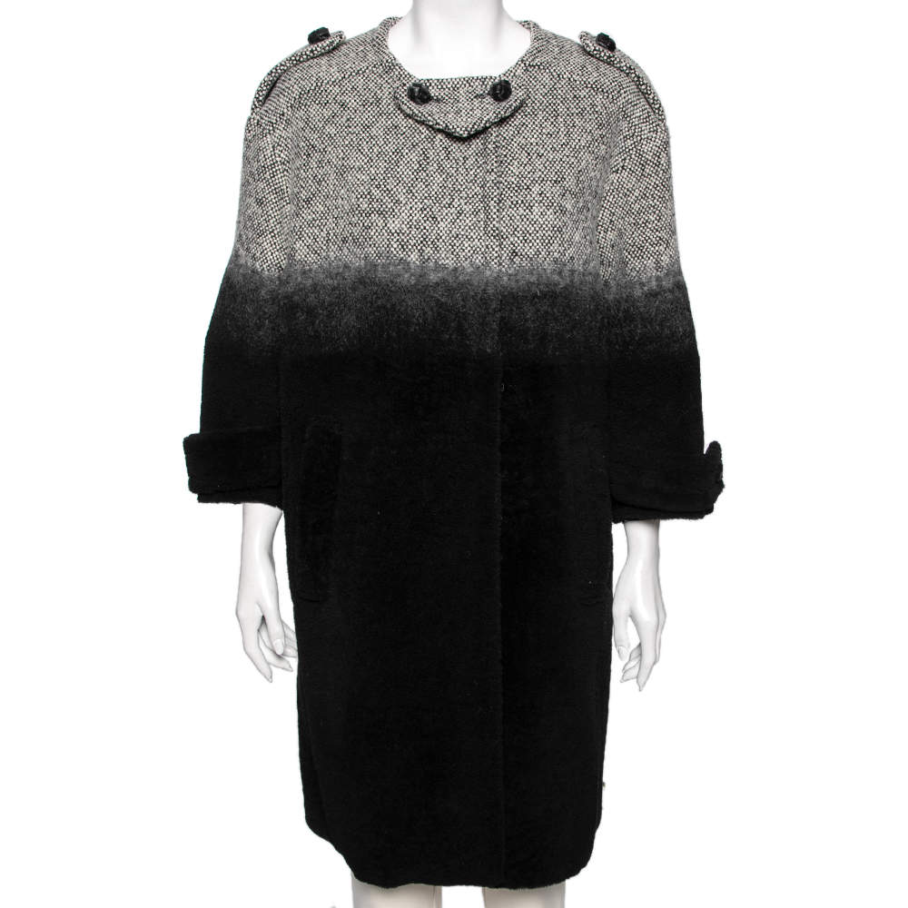 Pre Owned Prada Monochrome Ombre Effect Wool & Leather Detailed Oversized Coat S