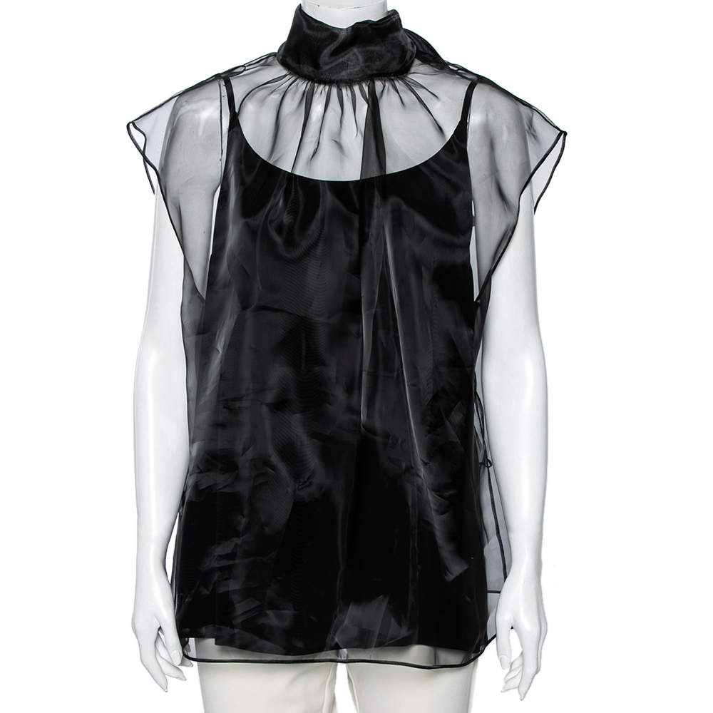 Pre Owned Prada Black Silk Tulle Neck Tie Detailed Sleeveless Organza Blouse L