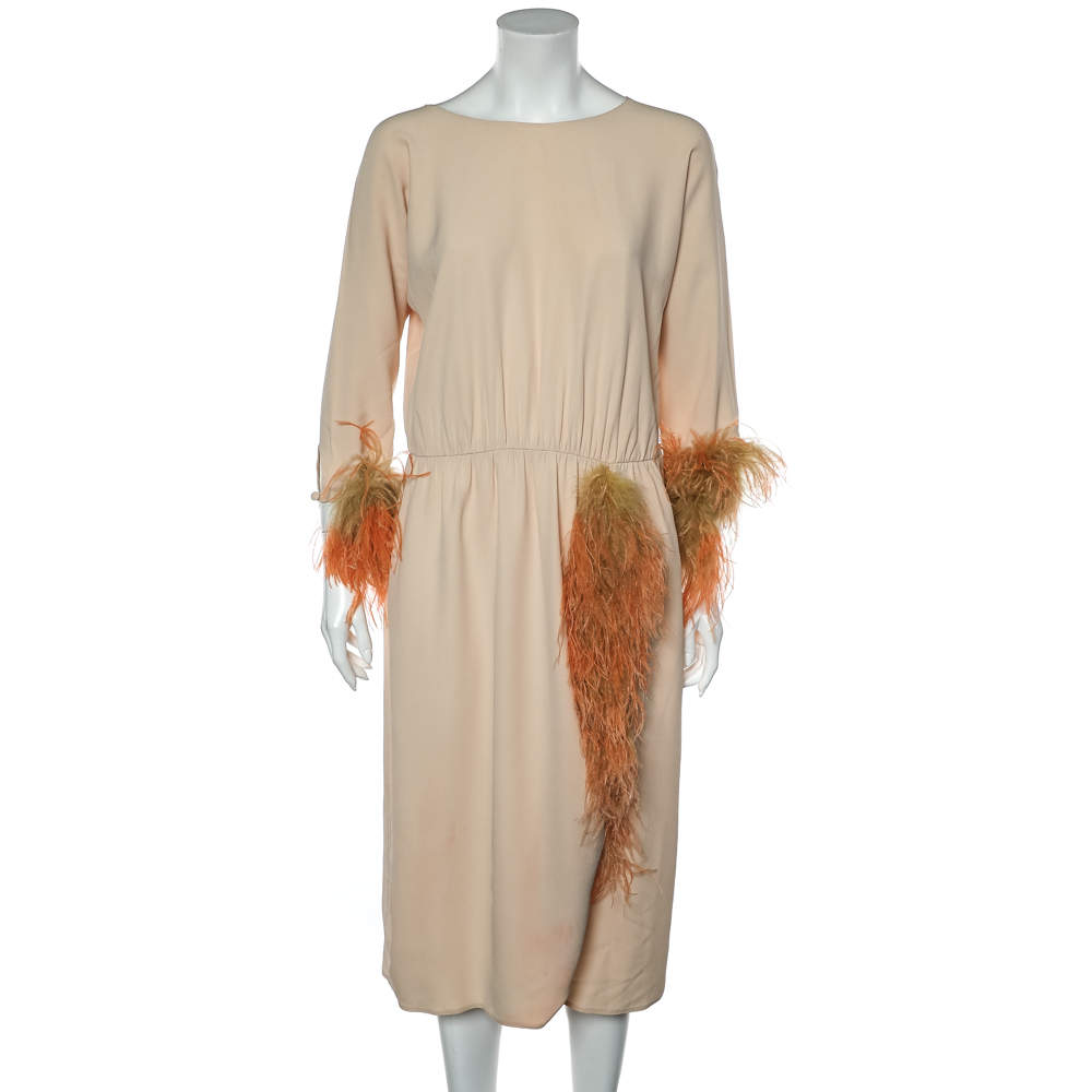 Pre Owned Prada Beige Crepe Feather Trim Detail Midi Dress L