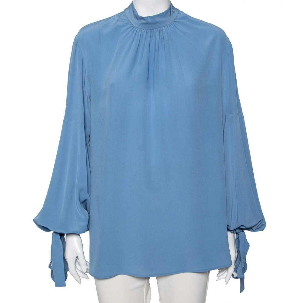 Prada Blue Silk Gathered Cuff Tie Detail Long Sleeve Blouse M