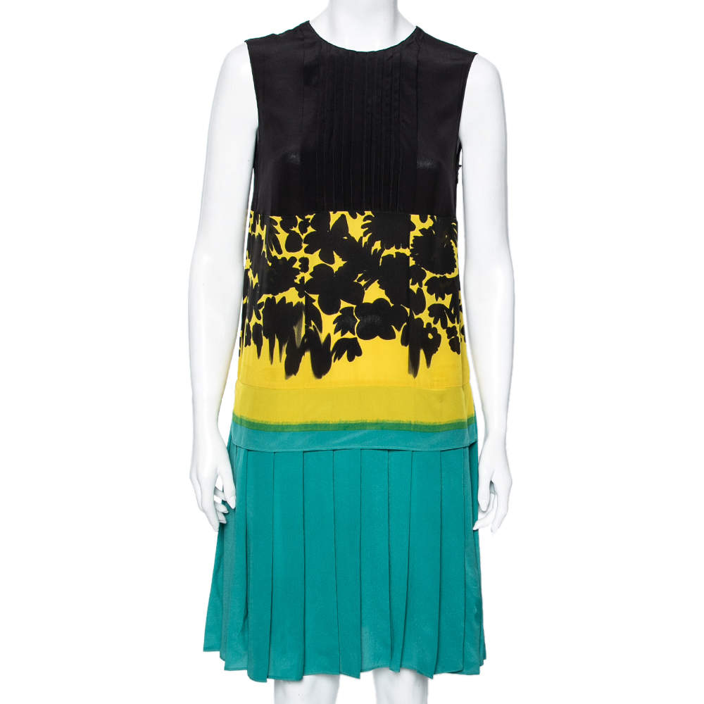 Pre Owned Prada Multicolor Printed Silk Pleated Detail Shift Dress S