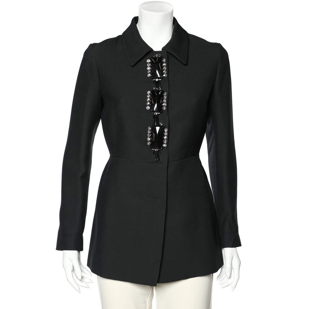 Prada Black Wool & Silk Embellished Detail Button Front Jacket M