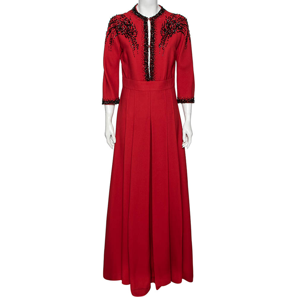 Prada Red Crepe Bead Embellished Long Sleeve pleated Gown M