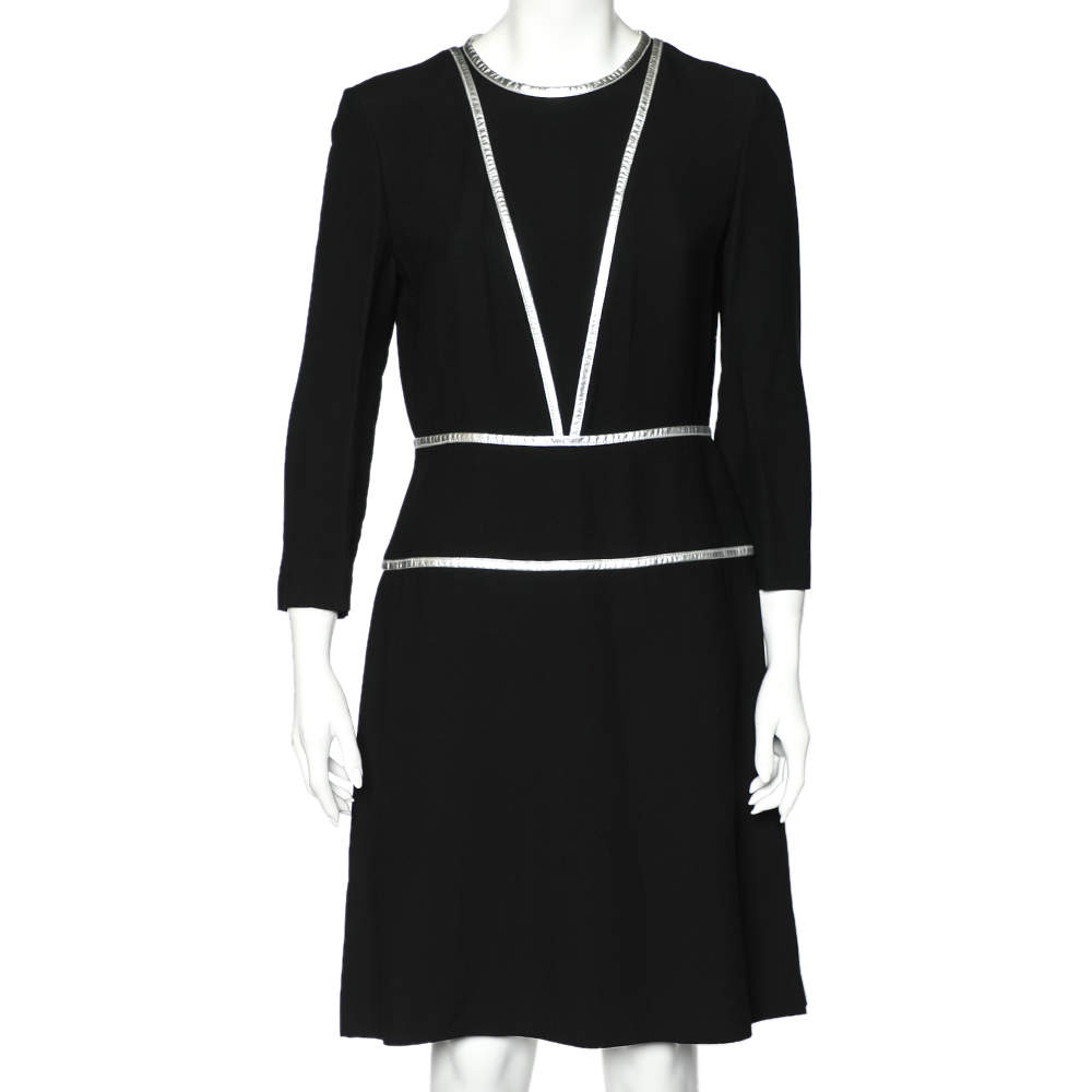 Prada Black Crepe Contrast Trim Detail Midi Dress M