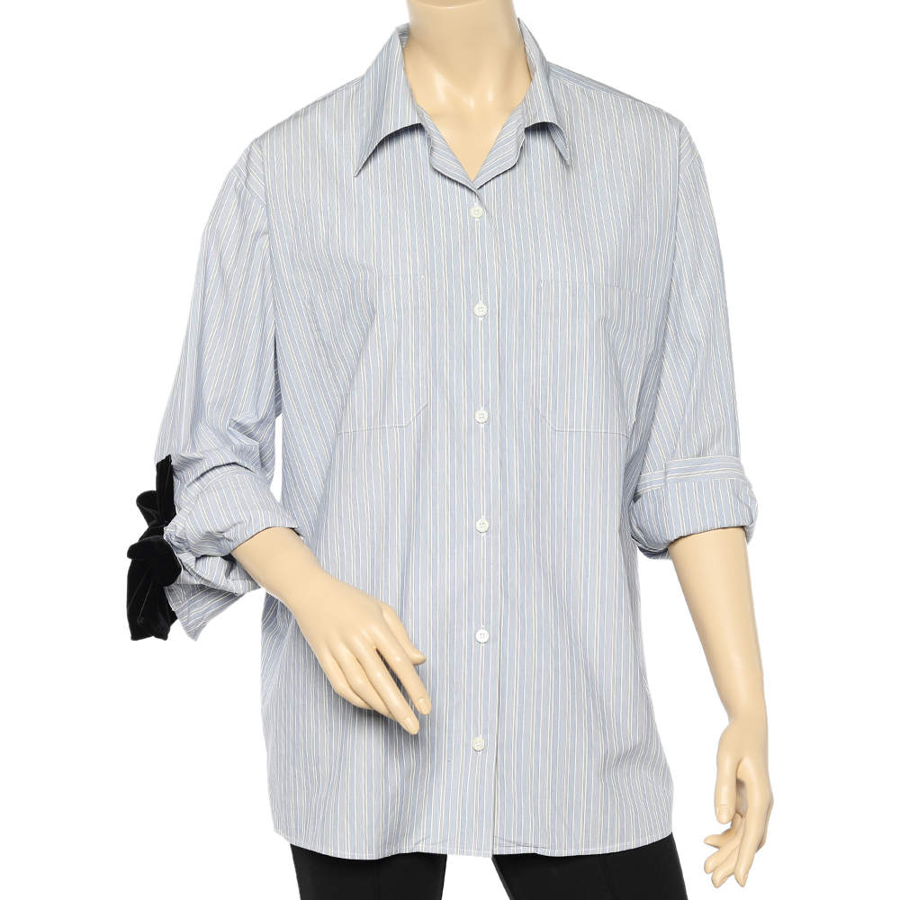 Prada Blue Striped Cotton Velvet Bow Detail Shirt M