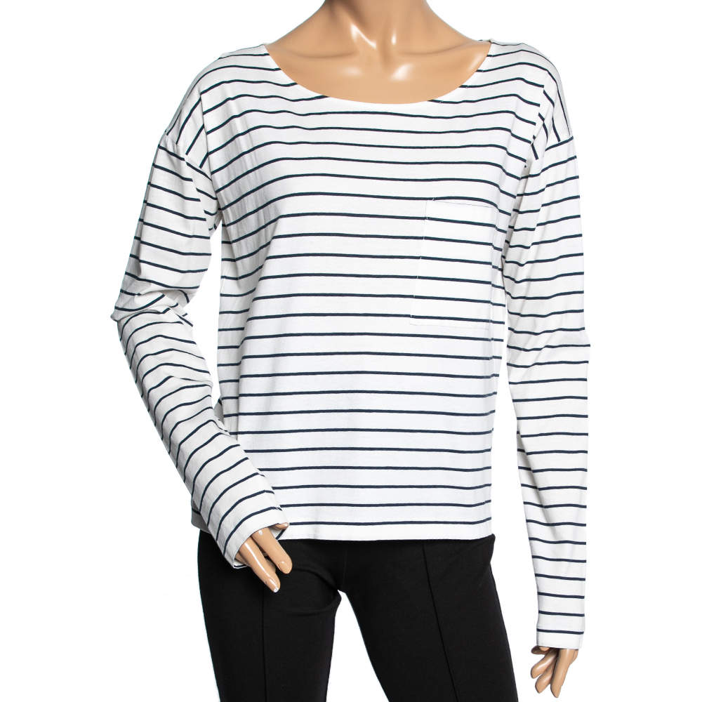 Pre Owned Prada White & Blue Striped Cotton Long Sleeve T-Shirt L