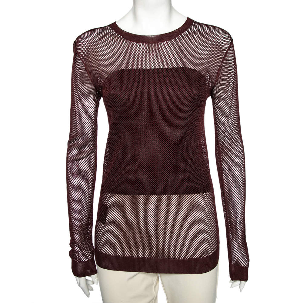 Pre Owned Prada Burgundy Open Knit Long Sleeve Top M
