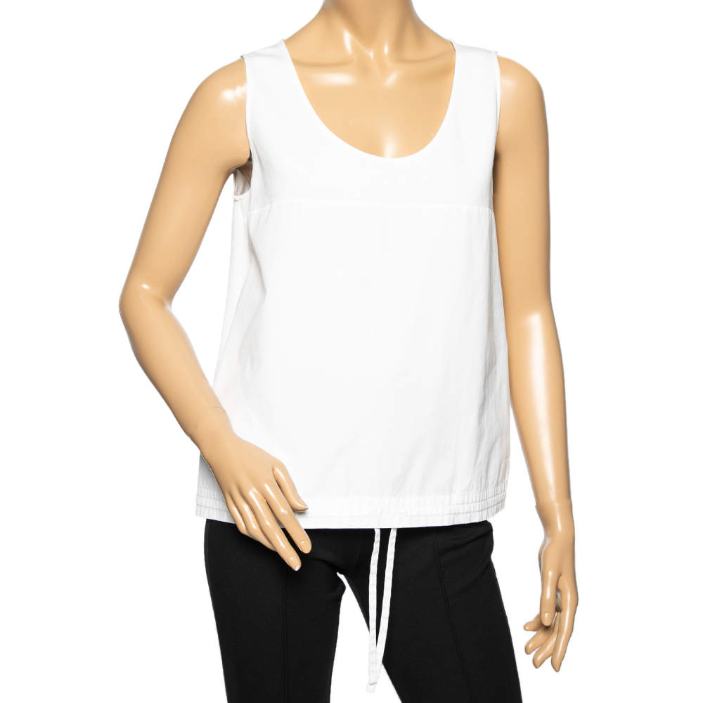 Pre Owned Prada White Cotton Paneled Drawstring Hem Detail Sleeveless Top M