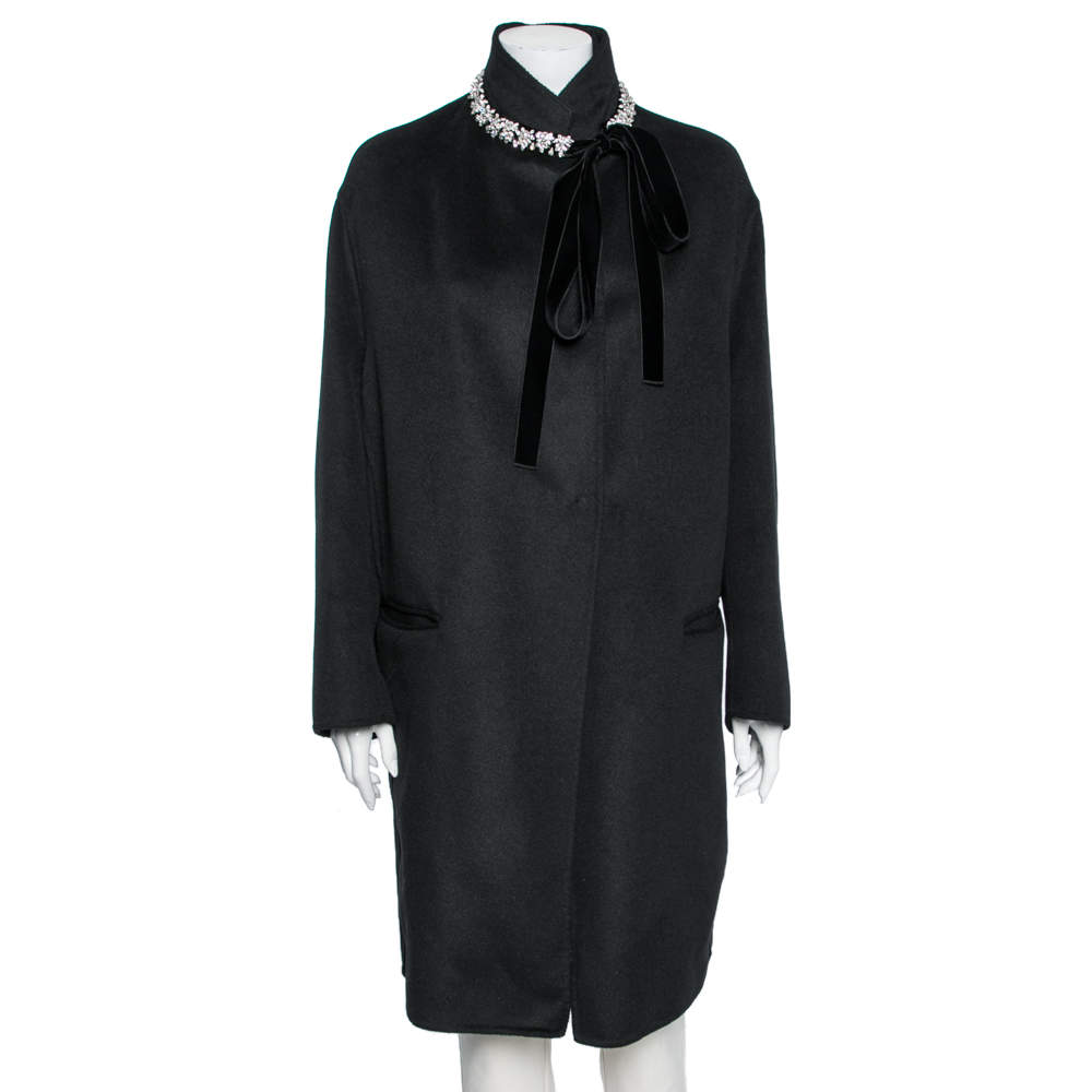 Prada Black Wool Embellished Neck Detail Cape Coat M