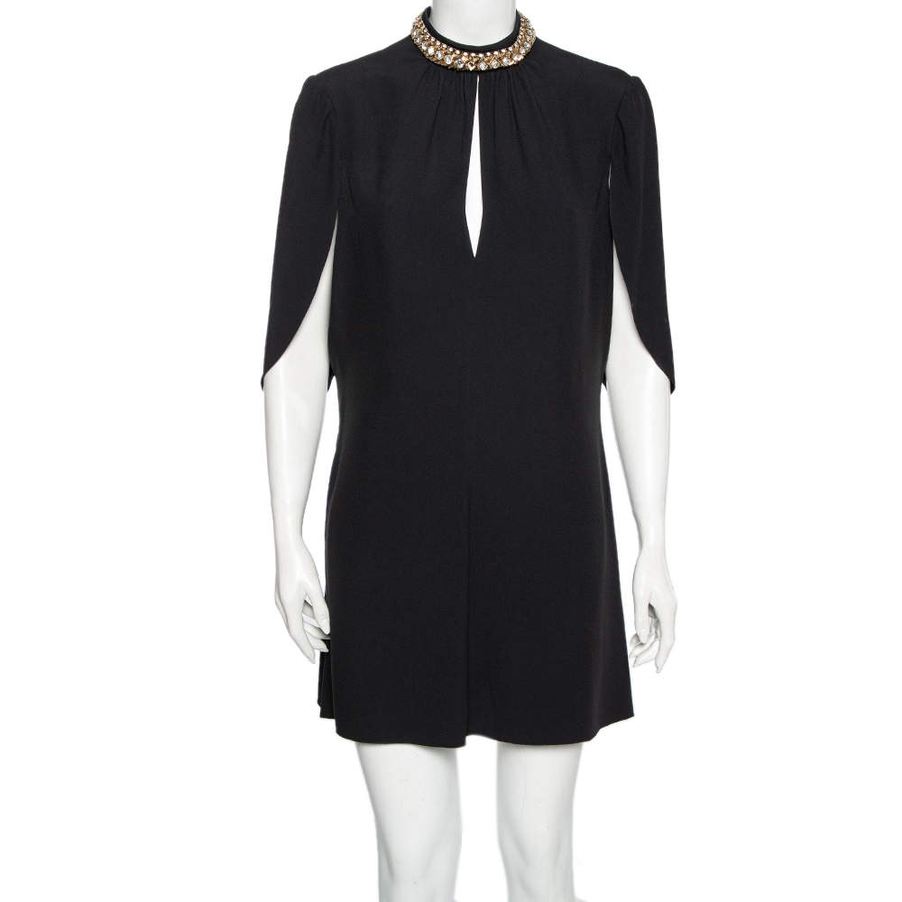 Prada Black Crepe Crystal Embellished Neck Cape Dress M 