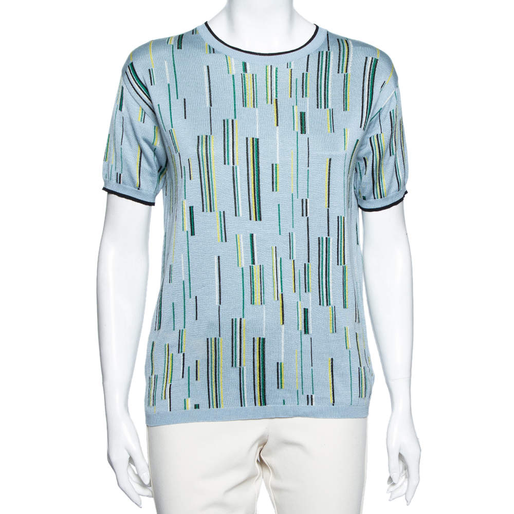 Pre Owned Prada Blue Printed Knit Short Sleeve Crew Neck Top M
