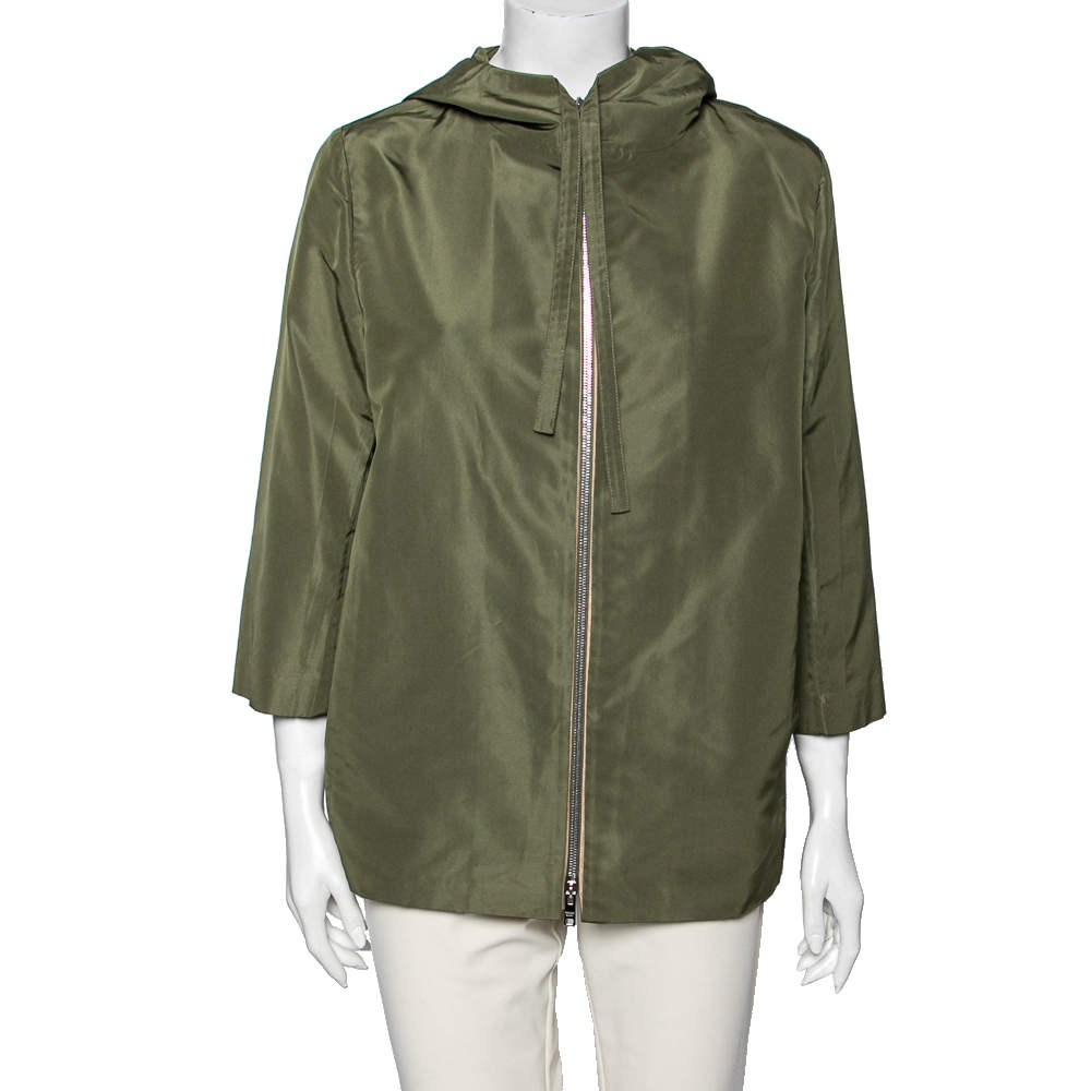 Pre Owned Prada Green Silk Front Zip Hoodie M