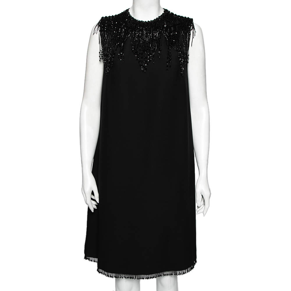 Prada Black Crepe Bead Embellished Sleeveless Dress M 