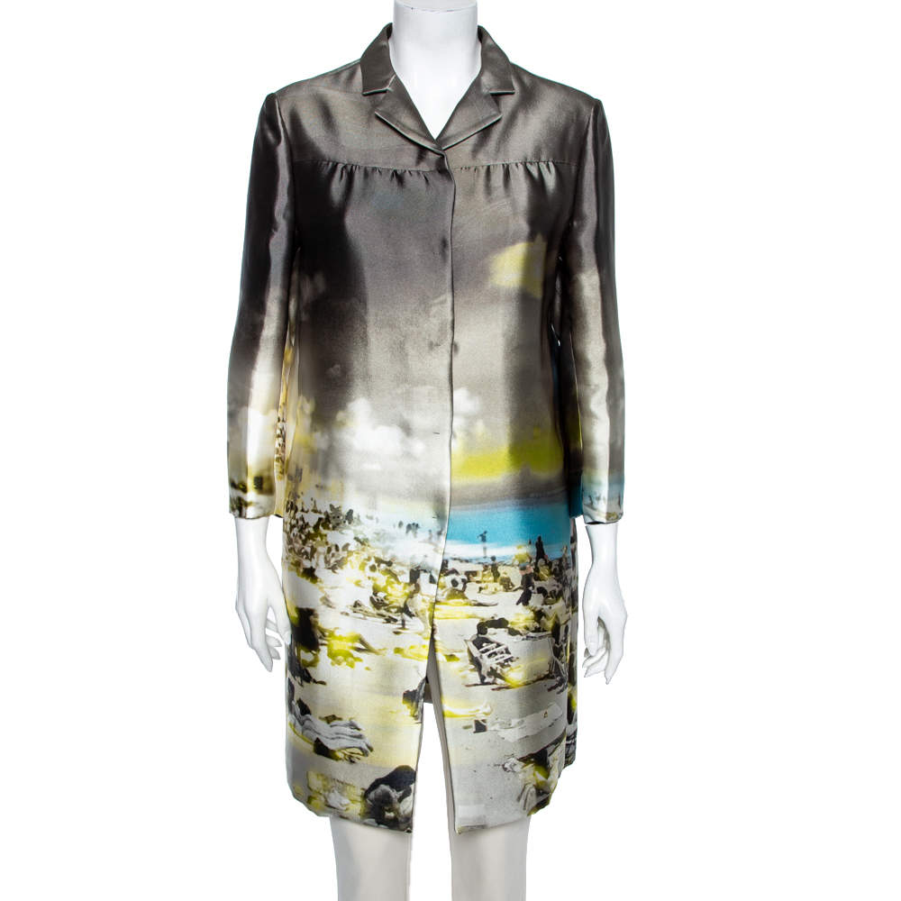 Prada Green Printed Satin Silk Button Front Lightweight Coat M