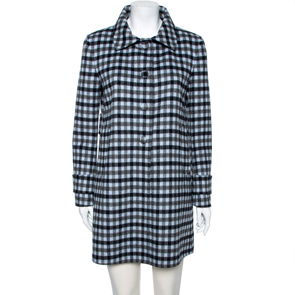 Prada Grey Checkered Wool Button Front Coat S