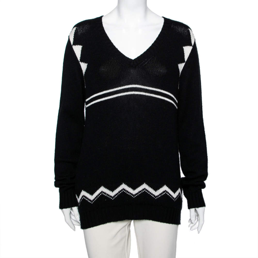 Pre Owned Prada Black Patterned Cashmere Knit V-Neck Sweater M