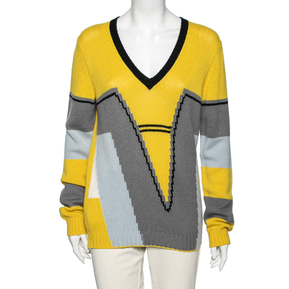 Pre Owned Prada Colorblock Cashmere Knit V-Neck Pullover M