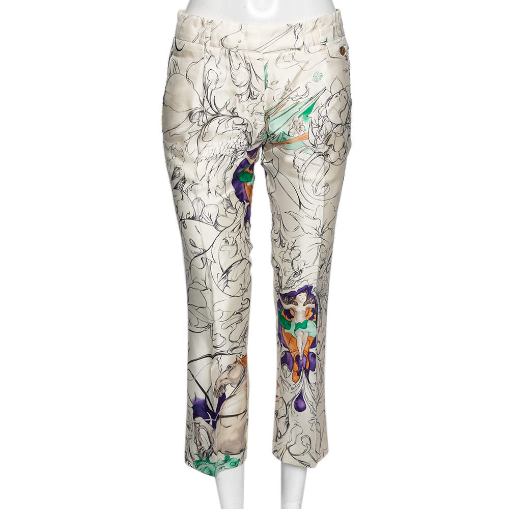 Pre Owned Prada Off White Fairy Printed Silk Pants S