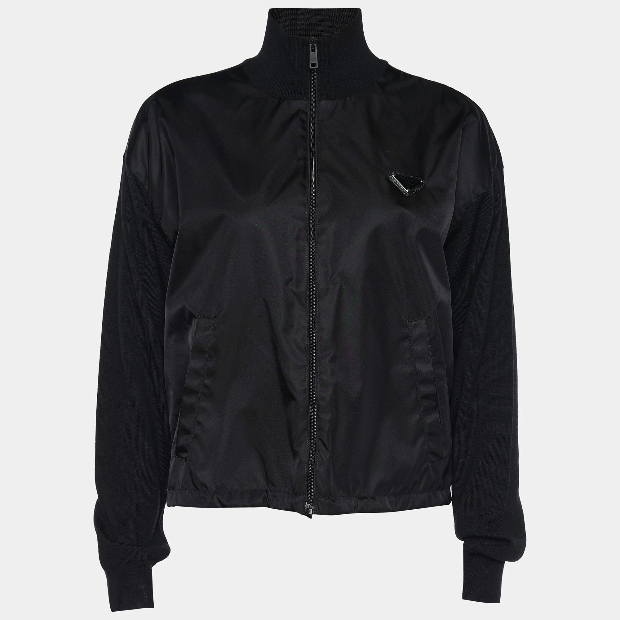 Pre Owned Prada Black Wool & Synthetic Paneled Zip Front Jacket M